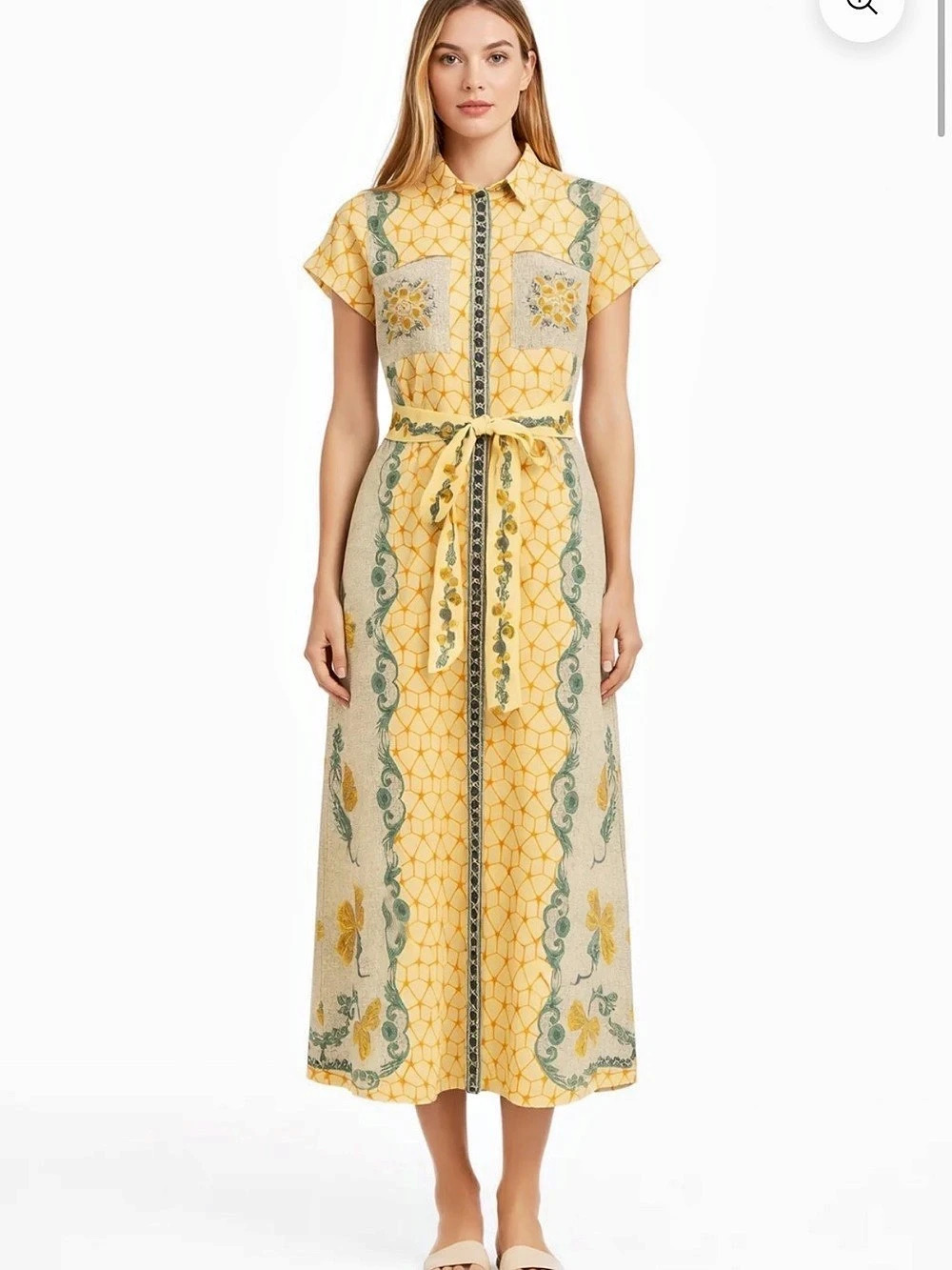 Anna Cate seashellsPrint Cotton Midi Shirtdress Yellow & Green